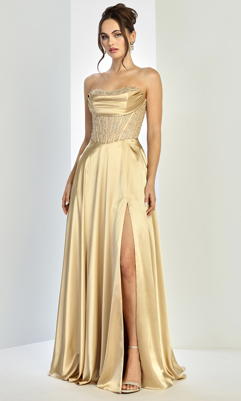 Adora Design 3254 - Embroidered Illusion Corset Flowing A-Line Gown In Gold