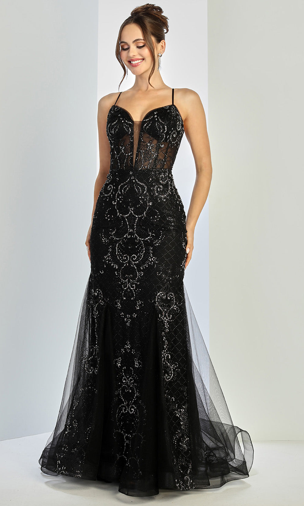 Adora Design 3255 - Beaded V-Neck Layered Mermaid Gown In Black