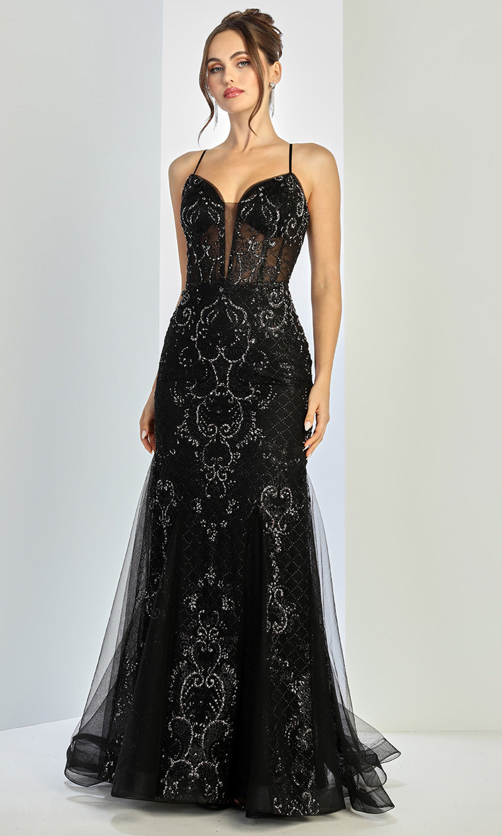 Adora Design 3255 - Beaded V-Neck Layered Mermaid Gown In Black