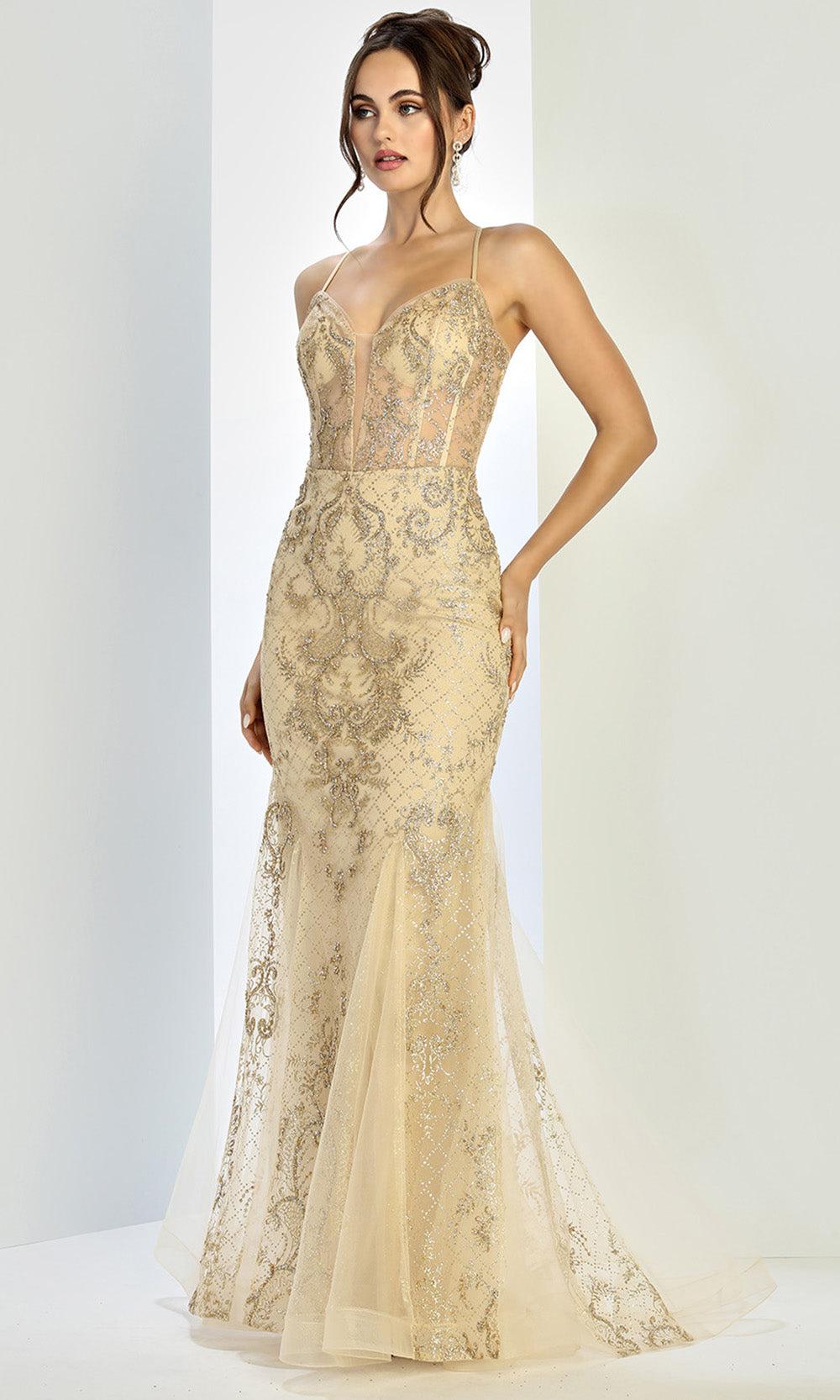 Adora Design 3255 - Beaded V-Neck Layered Mermaid Gown In Neutral