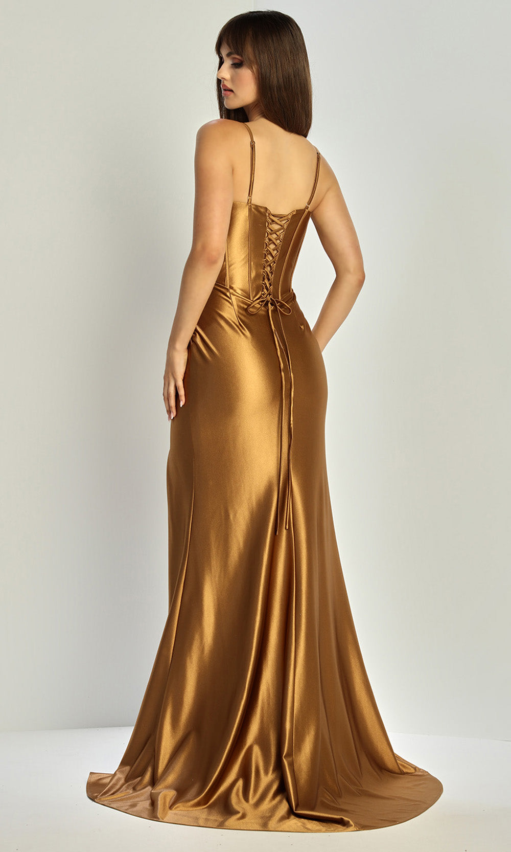 Adora Design 3256 - Ruched Skirt Spaghetti Strap Prom Gown In Brown