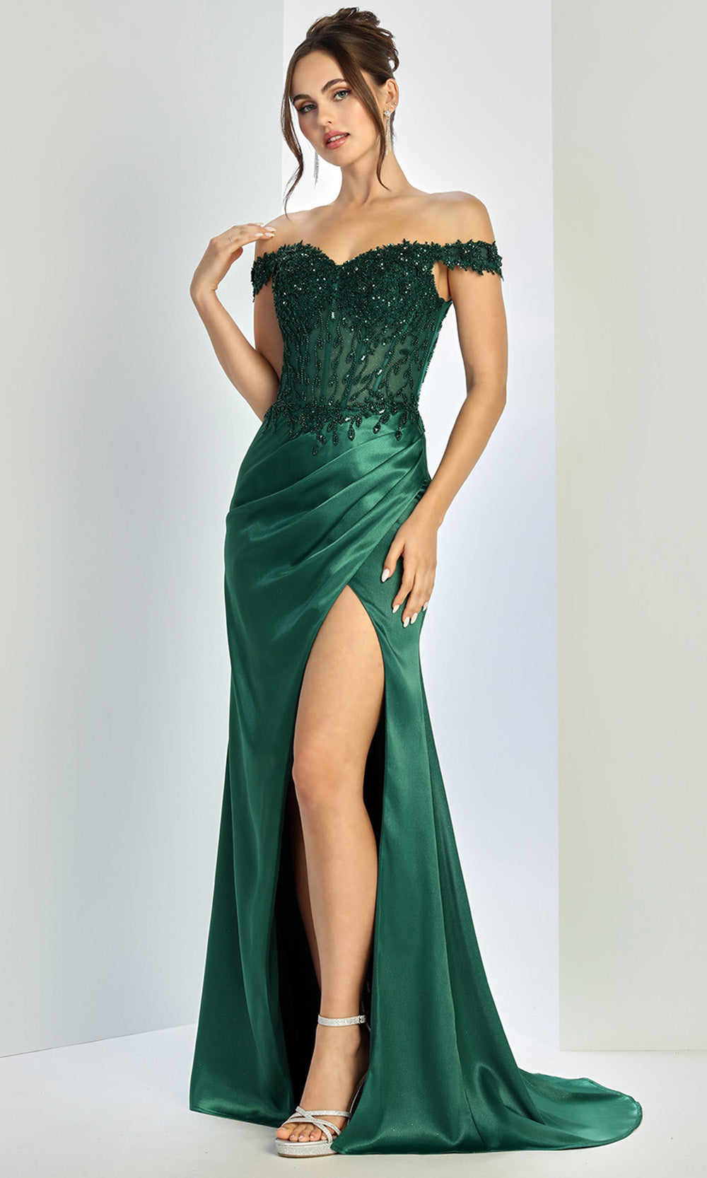 Adora Design 3258 - Beaded Applique Off Shoulder Evening Gown In Green