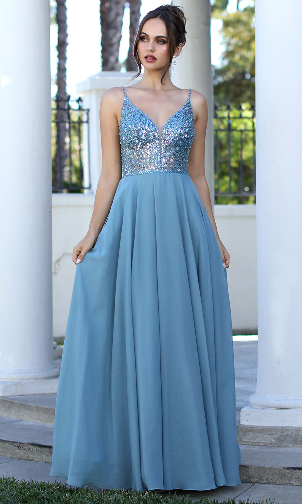 Adora Design 3259 - Spaghetti Strap Flowing A-Line Gown In Blue