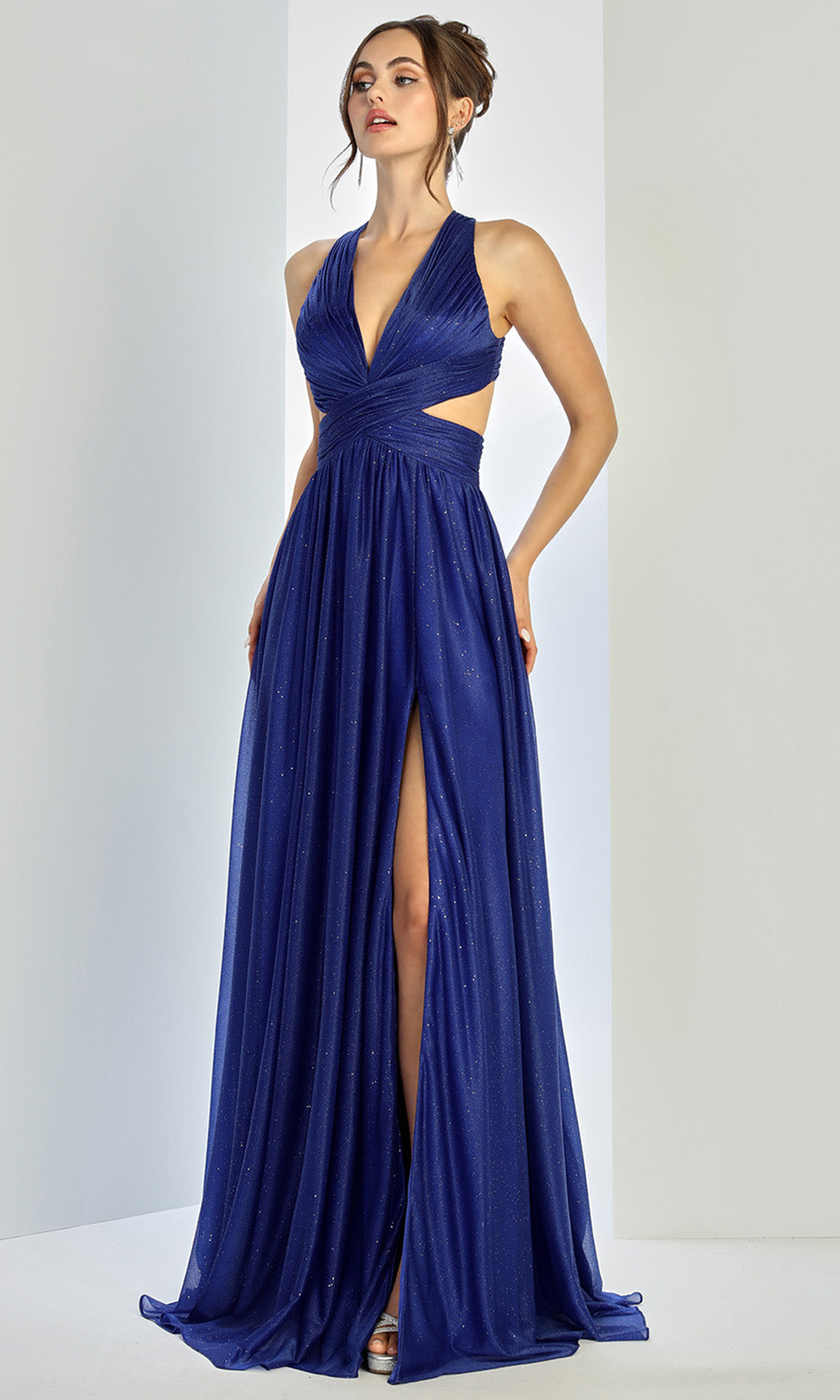 Adora Design 3260 - Ruched Bodice Plunging V-Neck Long Gown In Blue