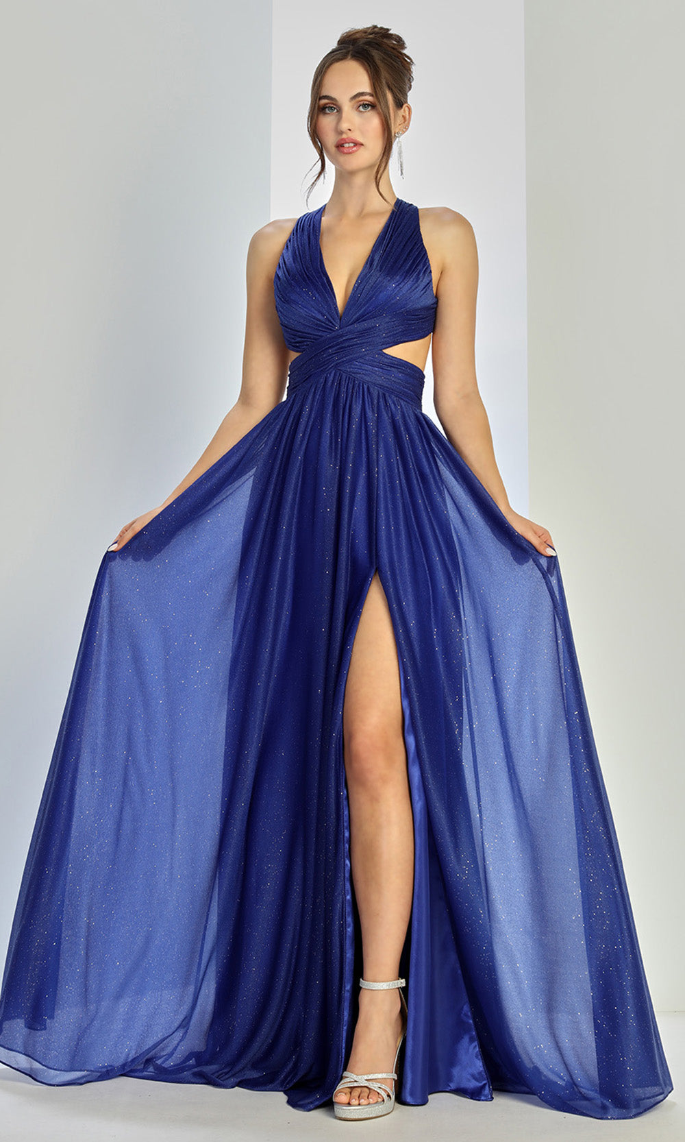 Adora Design 3260 - Ruched Bodice Plunging V-Neck Long Gown In Blue