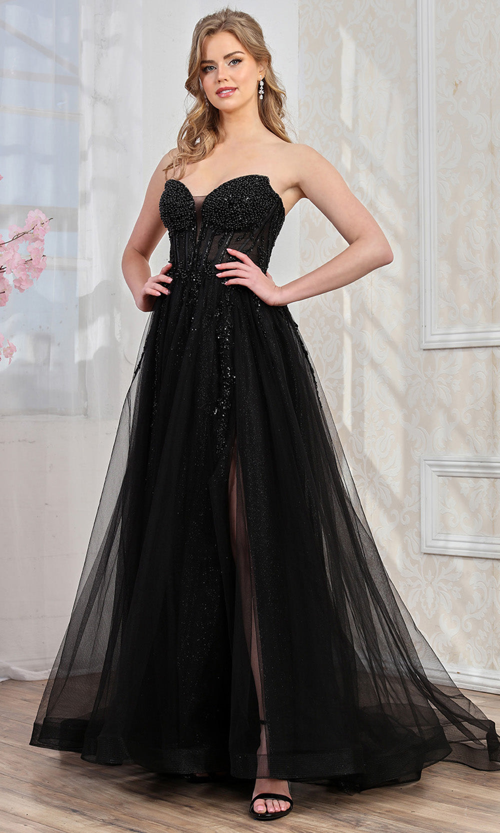 Adora Design 3262 - Layered Skirt Beaded Strapless Prom Gown In Black