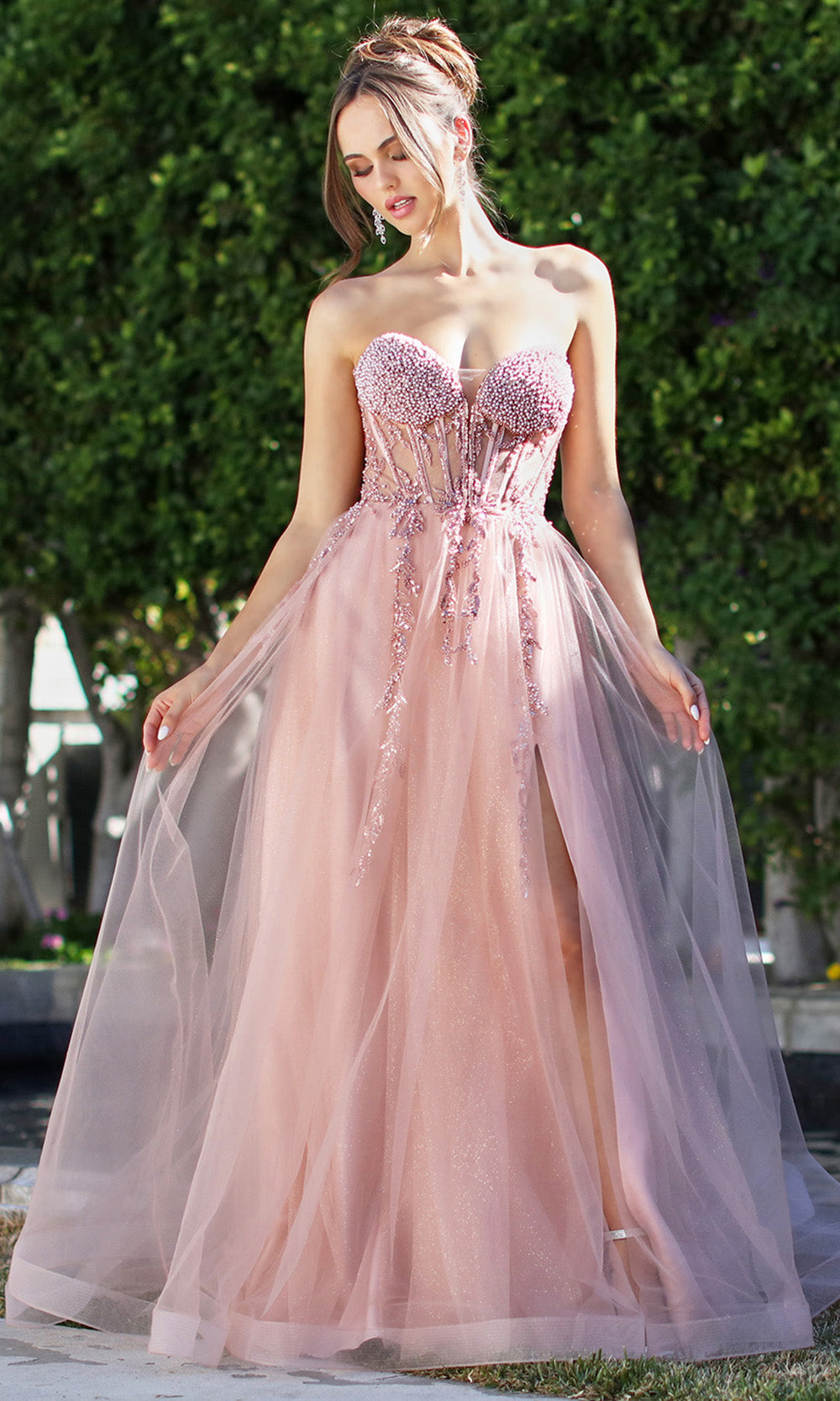 Adora Design 3262 - Layered Skirt Beaded Strapless Prom Gown In Pink