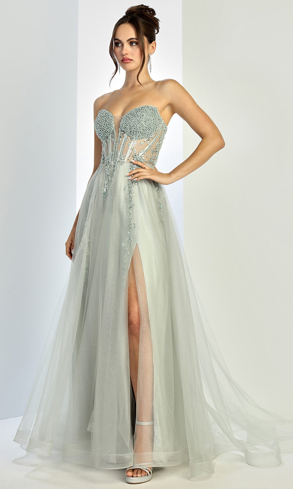 Adora Design 3262 - Layered Skirt Beaded Strapless Prom Gown In Green