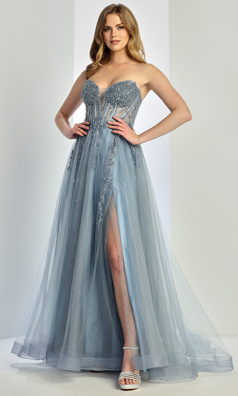 Adora Design 3262 - Layered Skirt Beaded Strapless Prom Gown In Blue