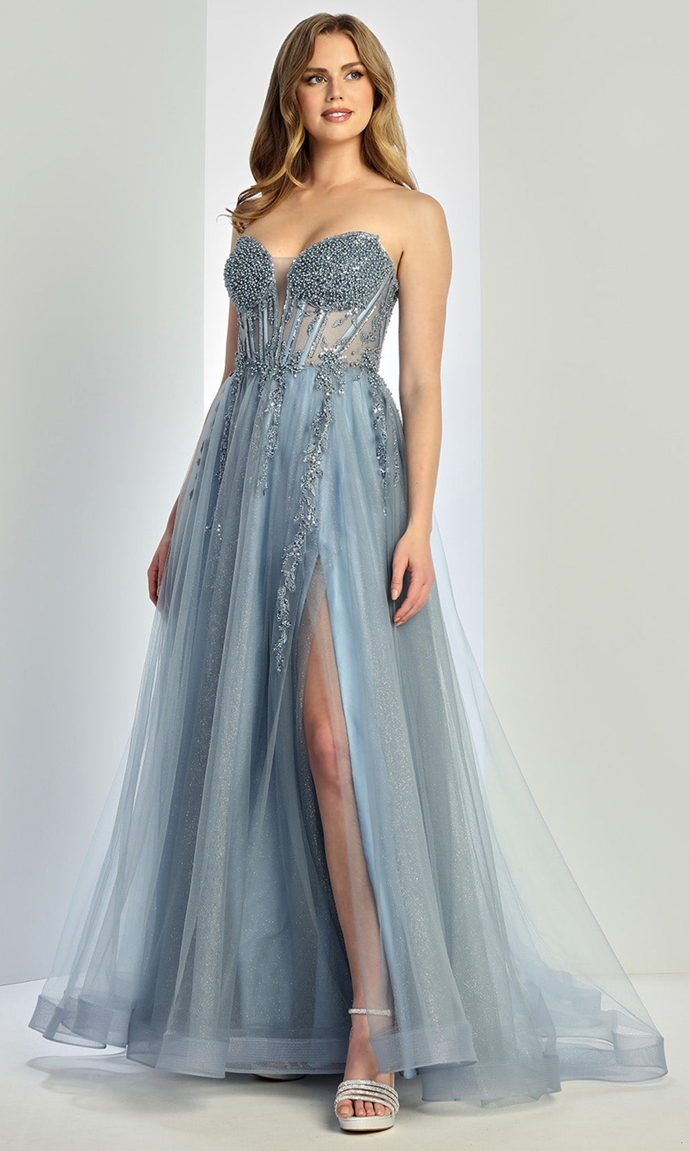 Adora Design 3262 - Layered Skirt Beaded Strapless Prom Gown In Blue