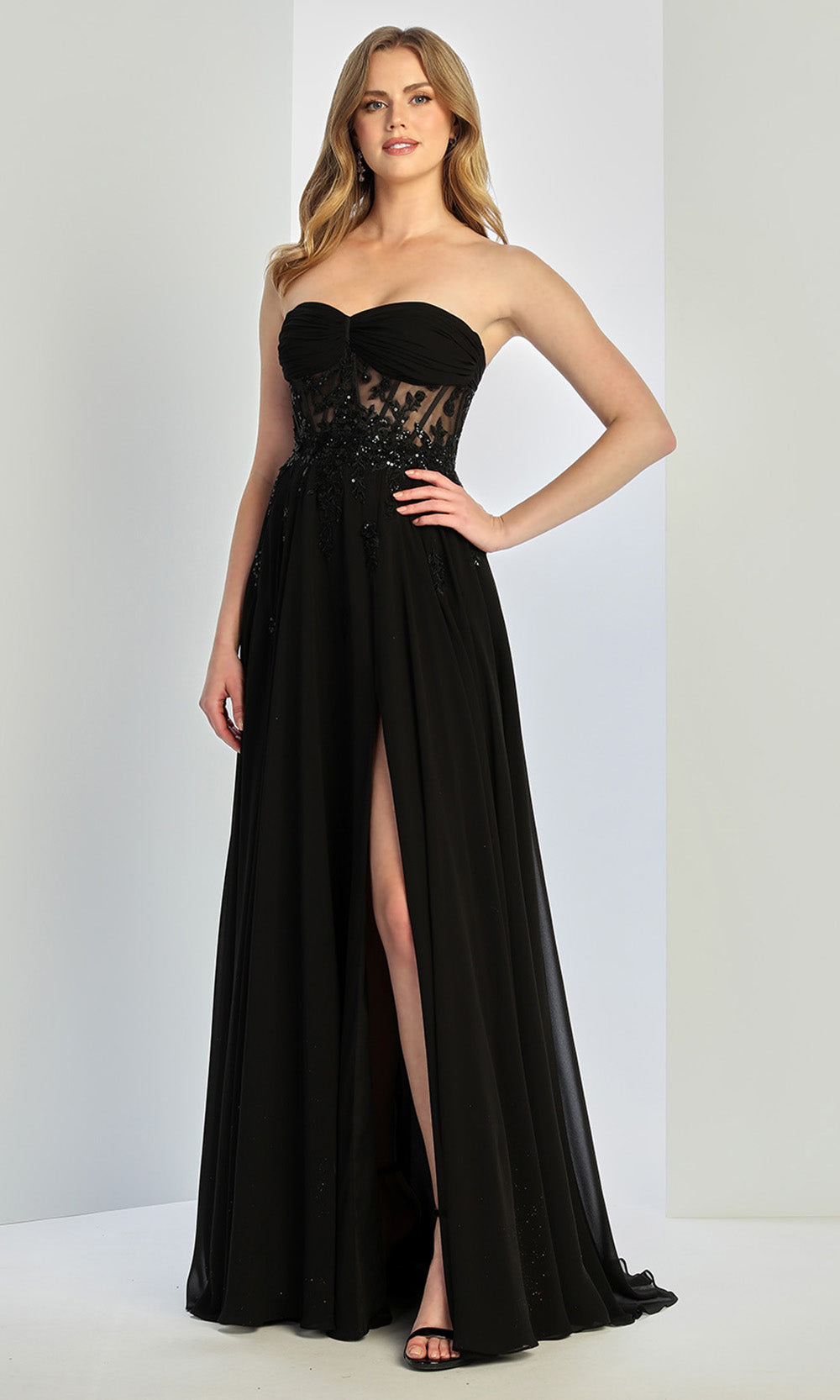 Adora Design 3264 - Floral Applique Strapless Flowing Gown In Black