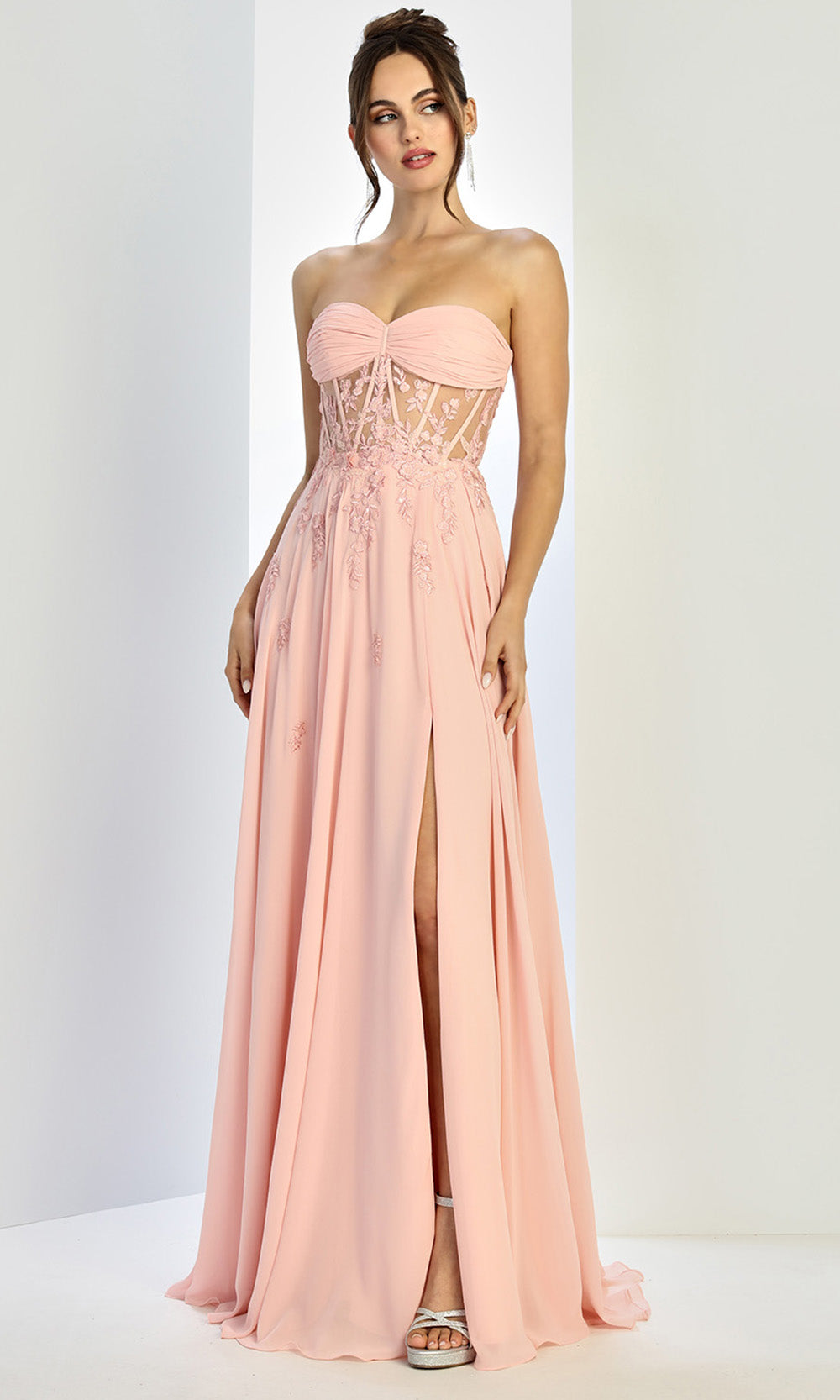 Adora Design 3264 - Floral Applique Strapless Flowing Gown In Pink