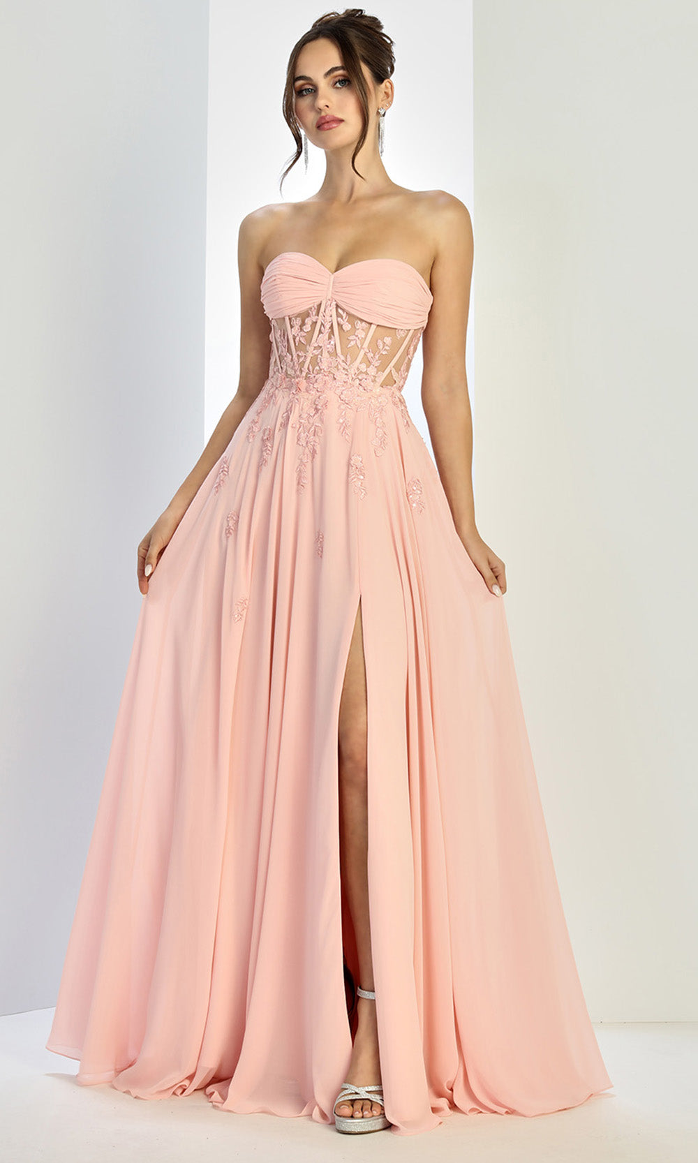 Adora Design 3264 - Floral Applique Strapless Flowing Gown In Pink