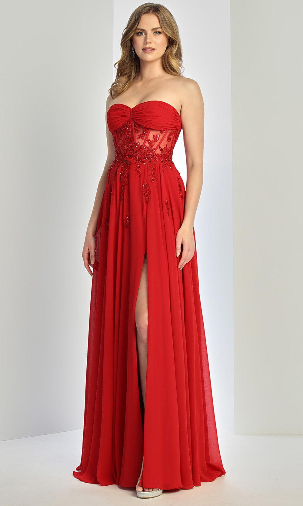 Adora Design 3264 - Floral Applique Strapless Flowing Gown In Red