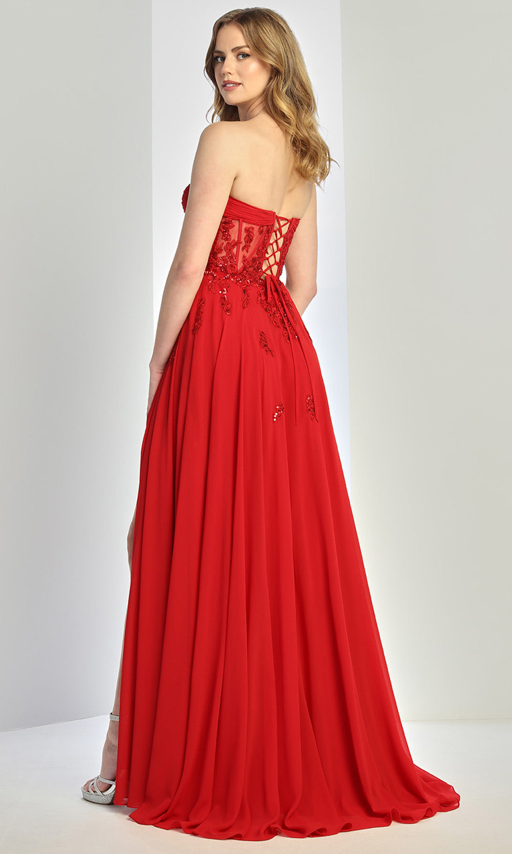 Adora Design 3264 - Floral Applique Strapless Flowing Gown In Red