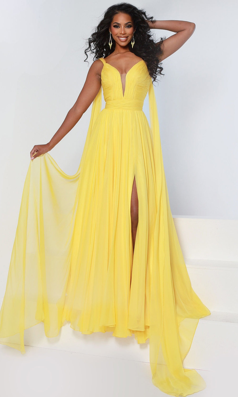Johnathan Kayne 3264 - Plunging Ruched Cape Chiffon A-Line Dress Prom Dresses