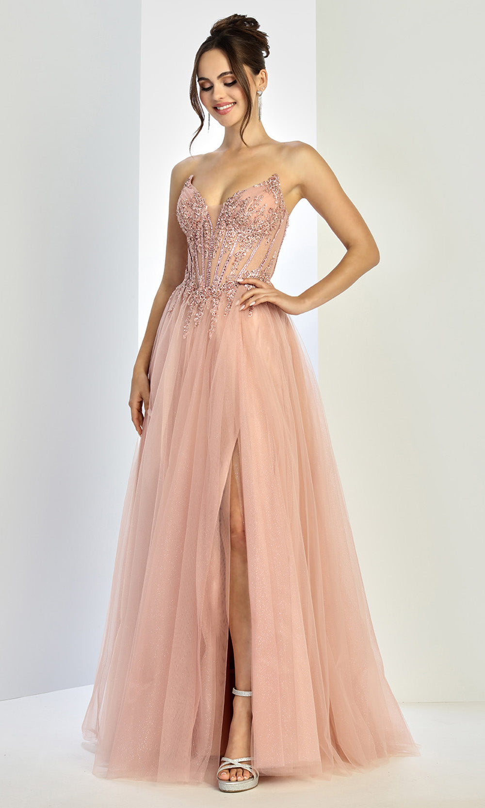 Adora Design 3269 - Plunging V-Neck Layered High Slit Gown In Pink