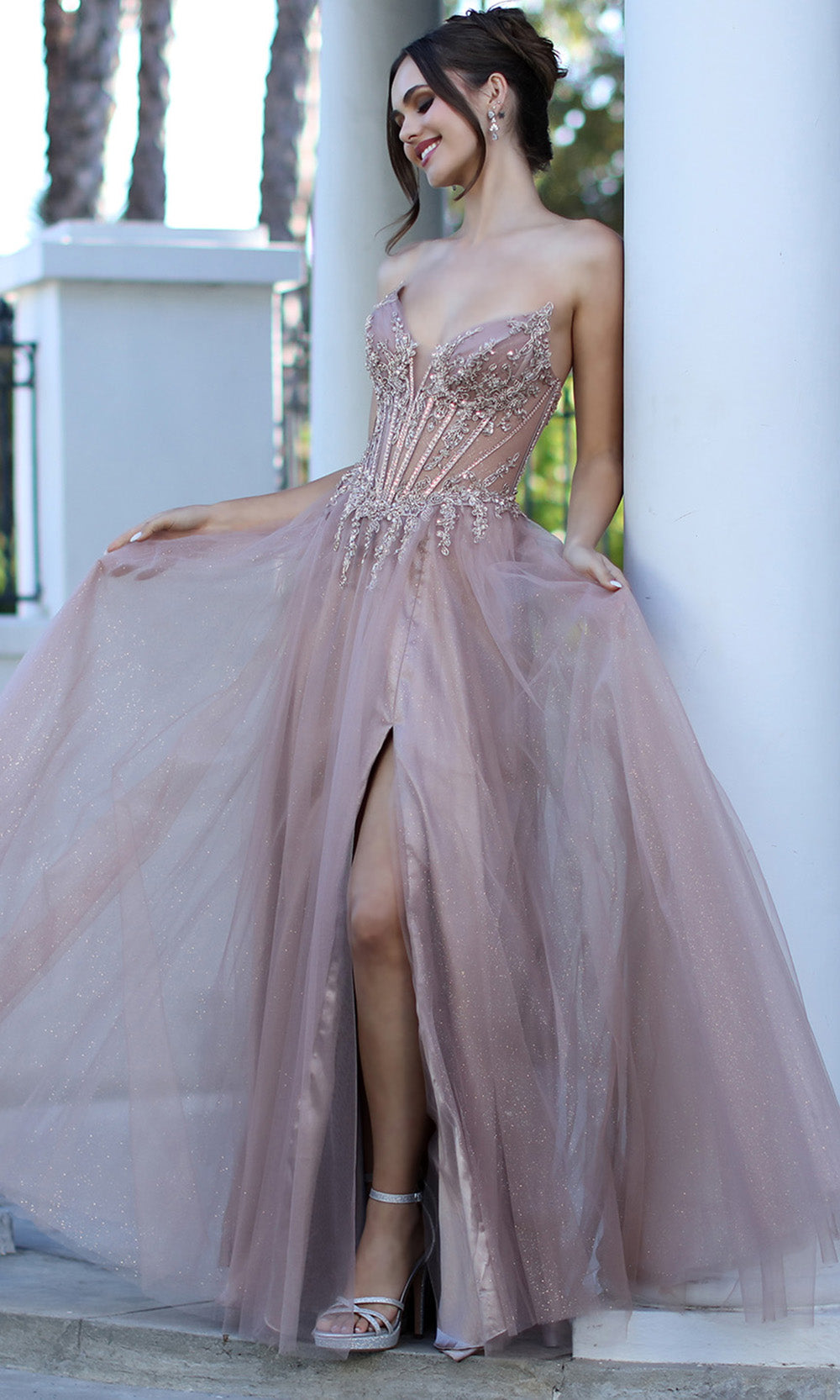 Adora Design 3269 - Plunging V-Neck Layered High Slit Gown In Brown and Gold