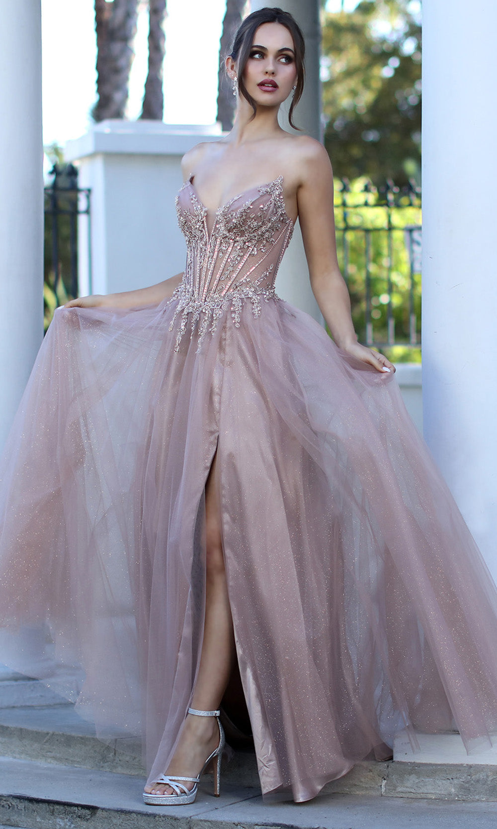 Adora Design 3269 - Plunging V-Neck Layered High Slit Gown In Brown and Gold
