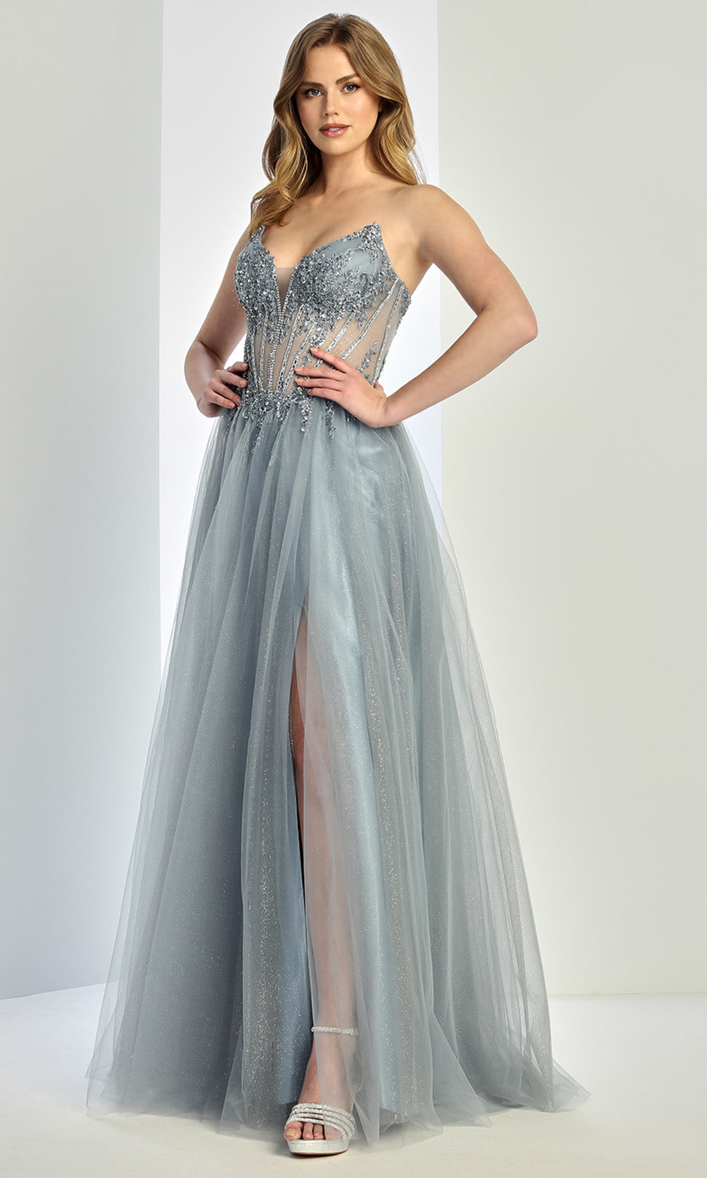 Adora Design 3269 - Plunging V-Neck Layered High Slit Gown In Green