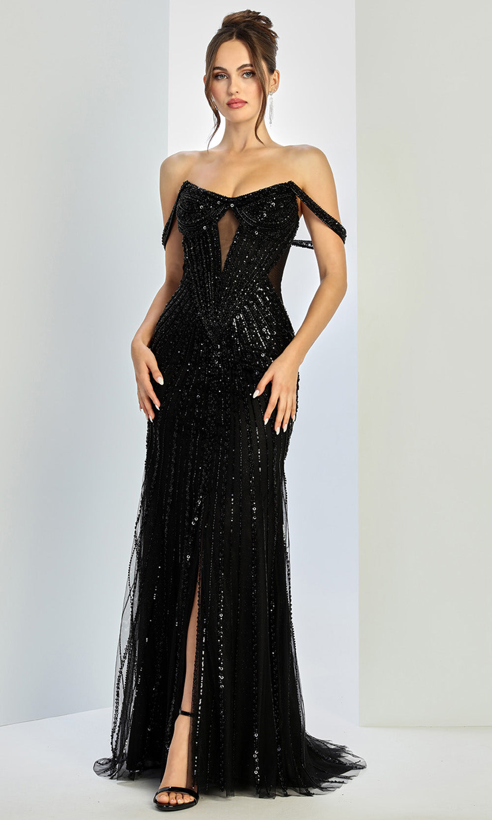 Adora Design 3271 - Illusion Cutout Draped Off Shoulder Gown In Black