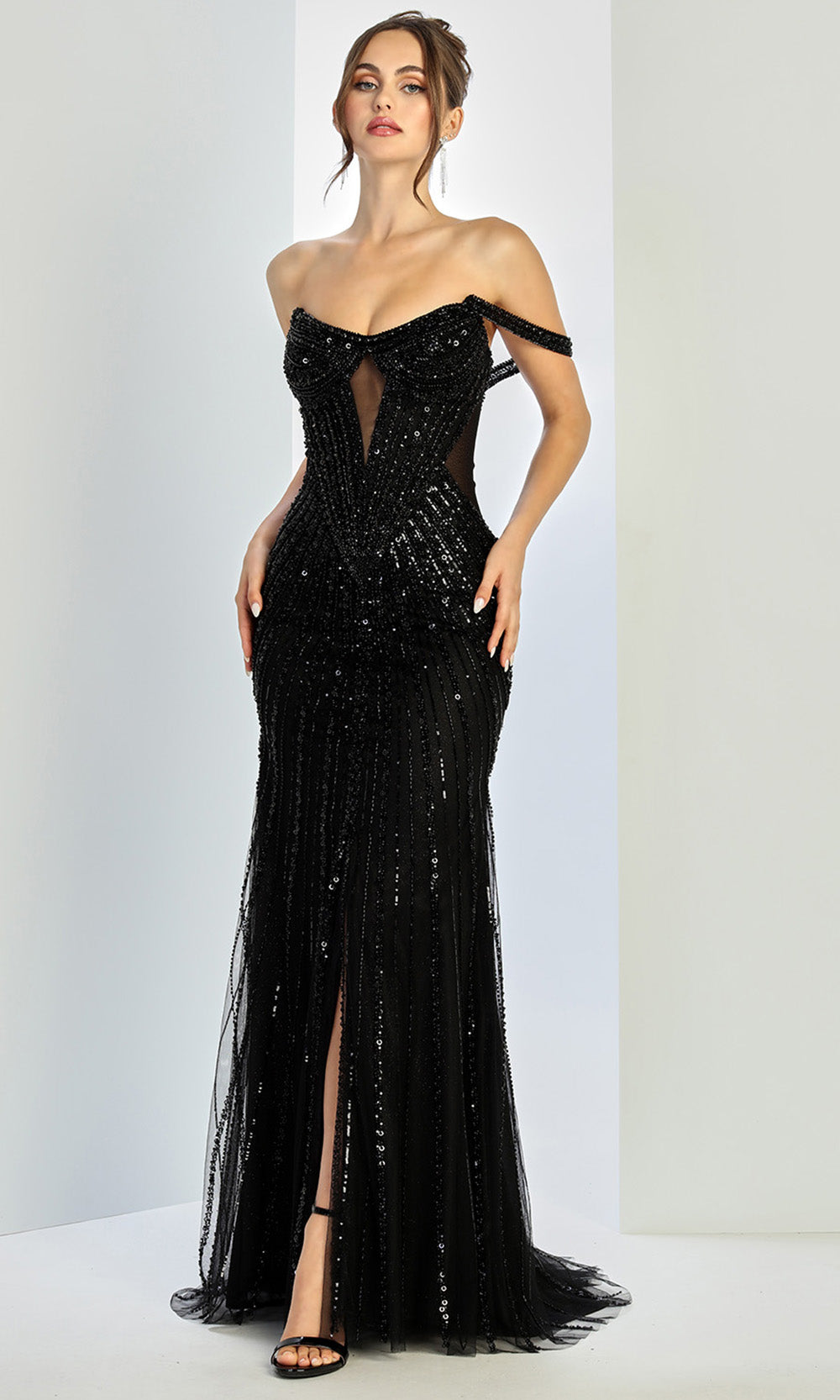 Adora Design 3271 - Illusion Cutout Draped Off Shoulder Gown In Black