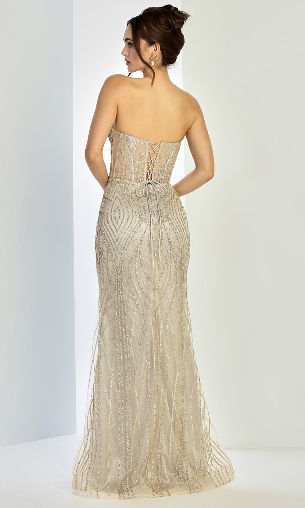 Adora Design 3277 - Geometric Embellished Strapless Prom Gown In Neutral