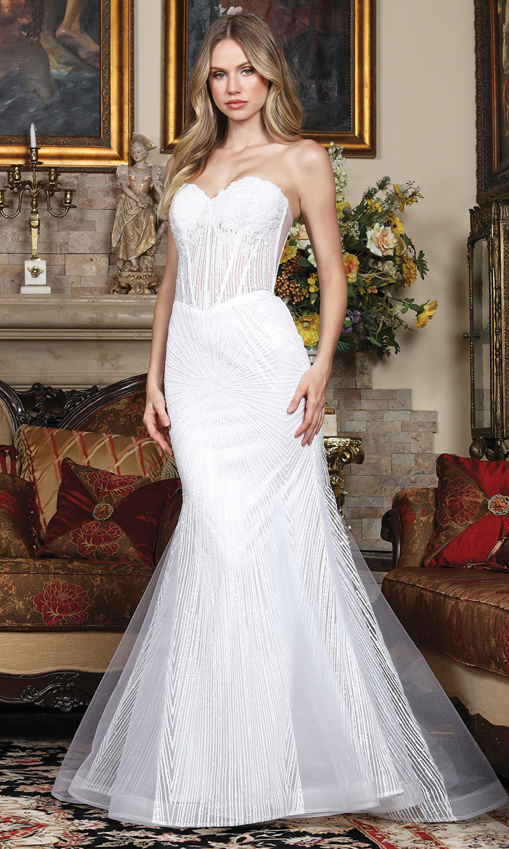 Adora Design 3278-01 - Basque Waist Embellished Mermaid Gown In White