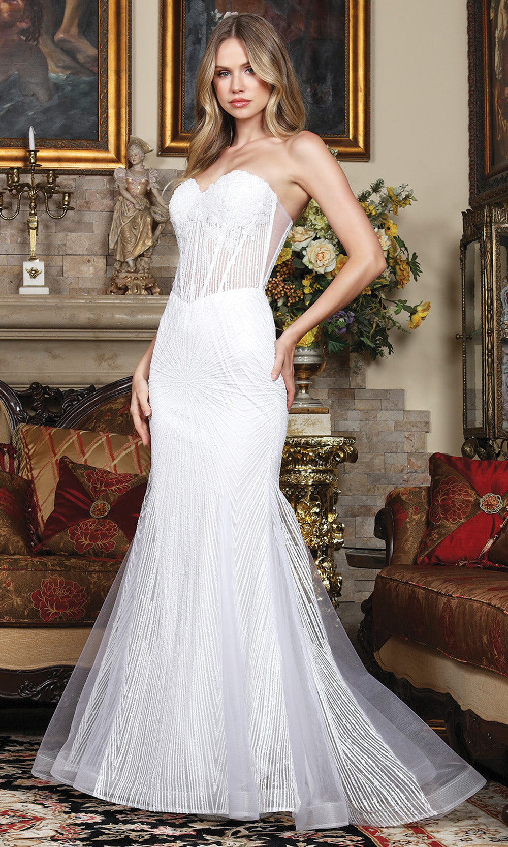 Adora Design 3278-01 - Basque Waist Embellished Mermaid Gown In White