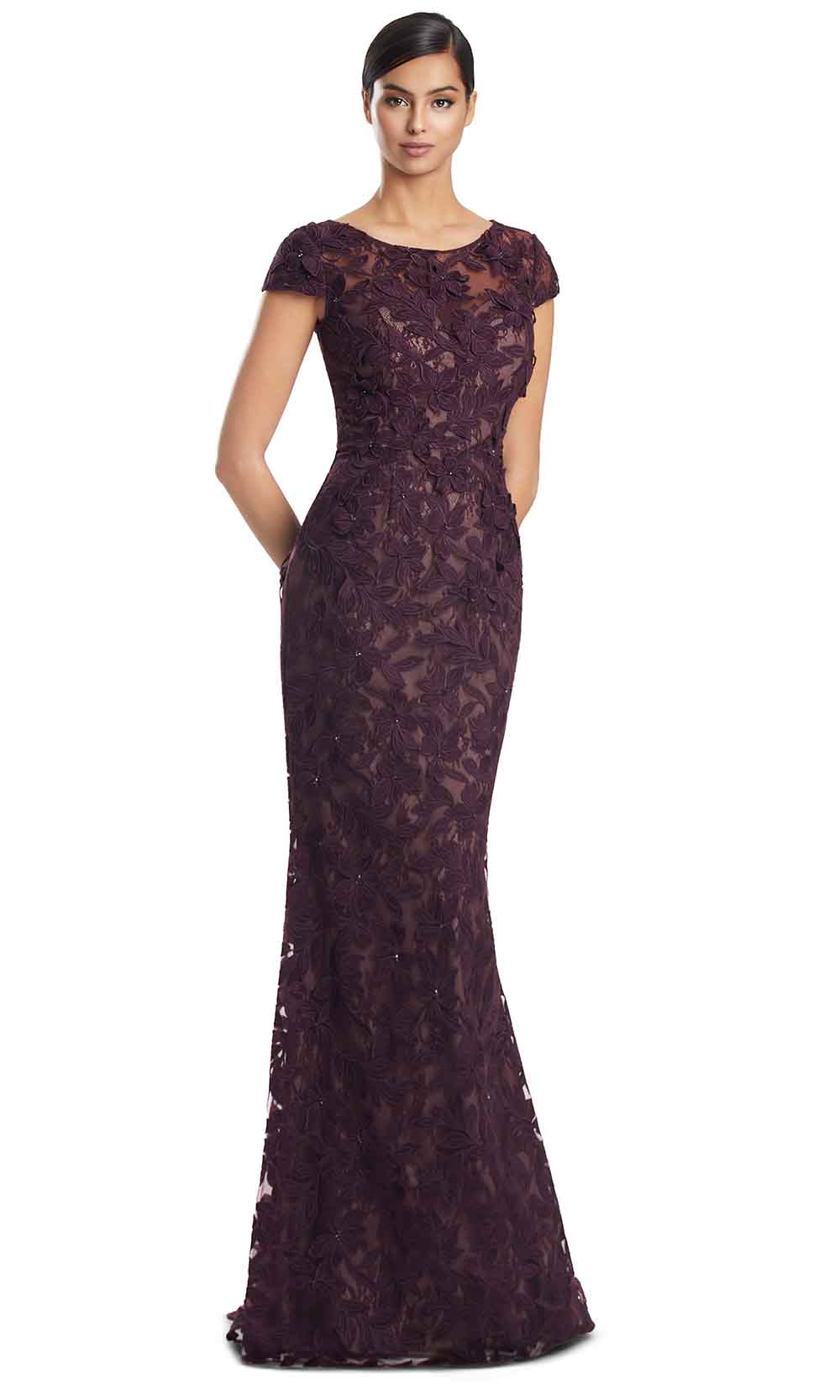 Alexander by Daymor 3279S26 - Floral Lace Evening Gown In Aubergine