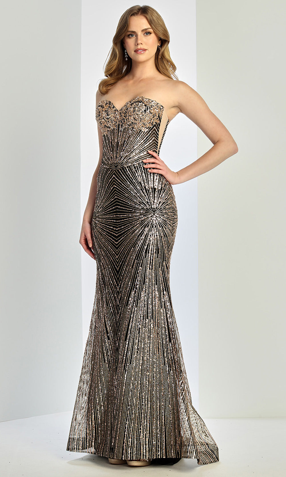 Adora Design 3279 - Illusion Corset Sparkle Sheath Gown Prom Dresses in Black and Gold