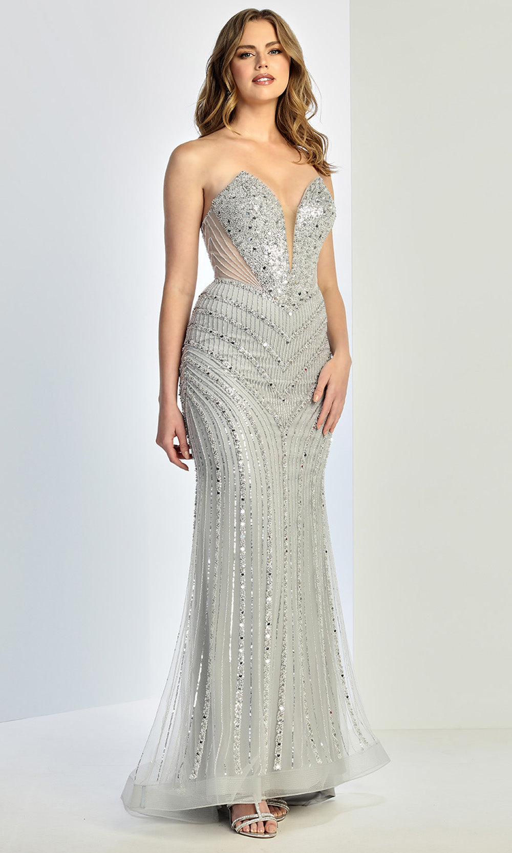 Adora Design 3282 - Illusion Sides Plunging V-Neck Beaded Gown In Silver