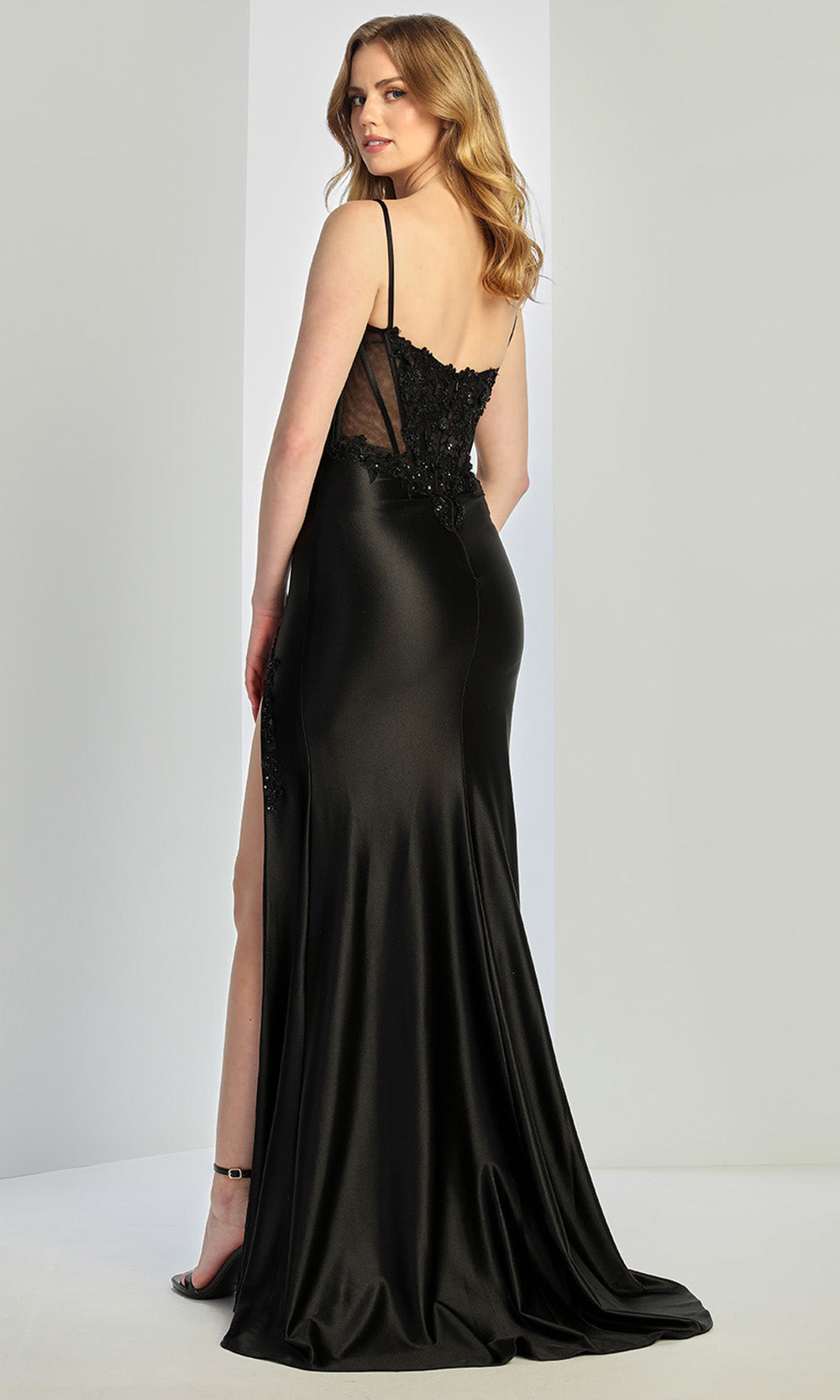 Adora Design 3291 - Lace Applique Spaghetti Strap Long Gown In Black