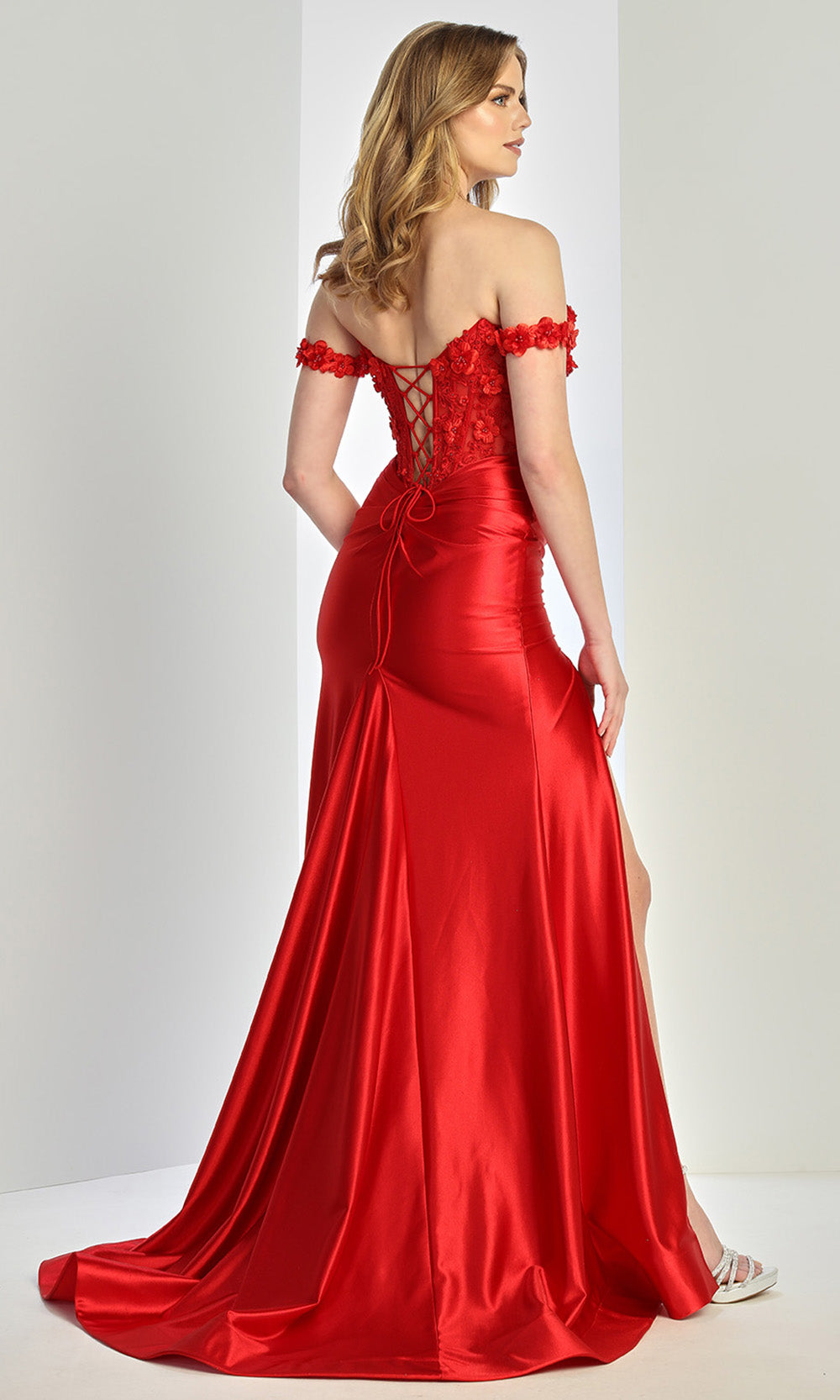 Adora Design 3293 - Sheath High Slit Prom Gown with Floral Applique In Red