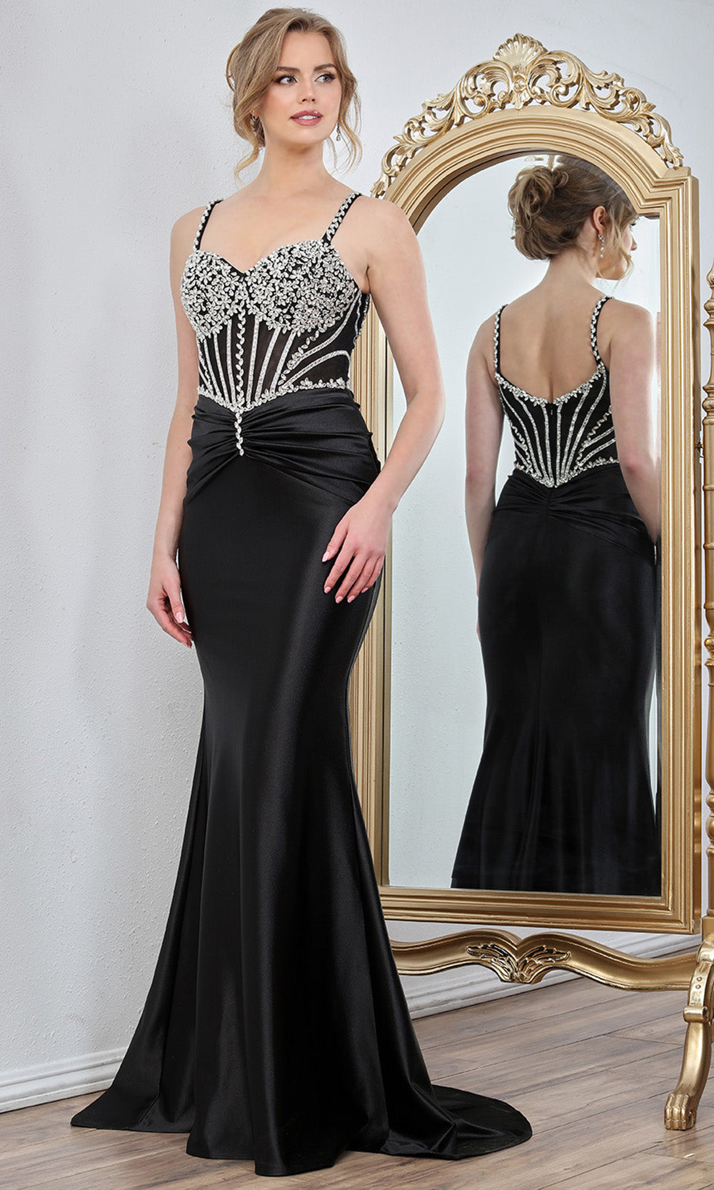 Adora Design 3294 - Ruched Waist Crystal Ornate Prom Gown In Black