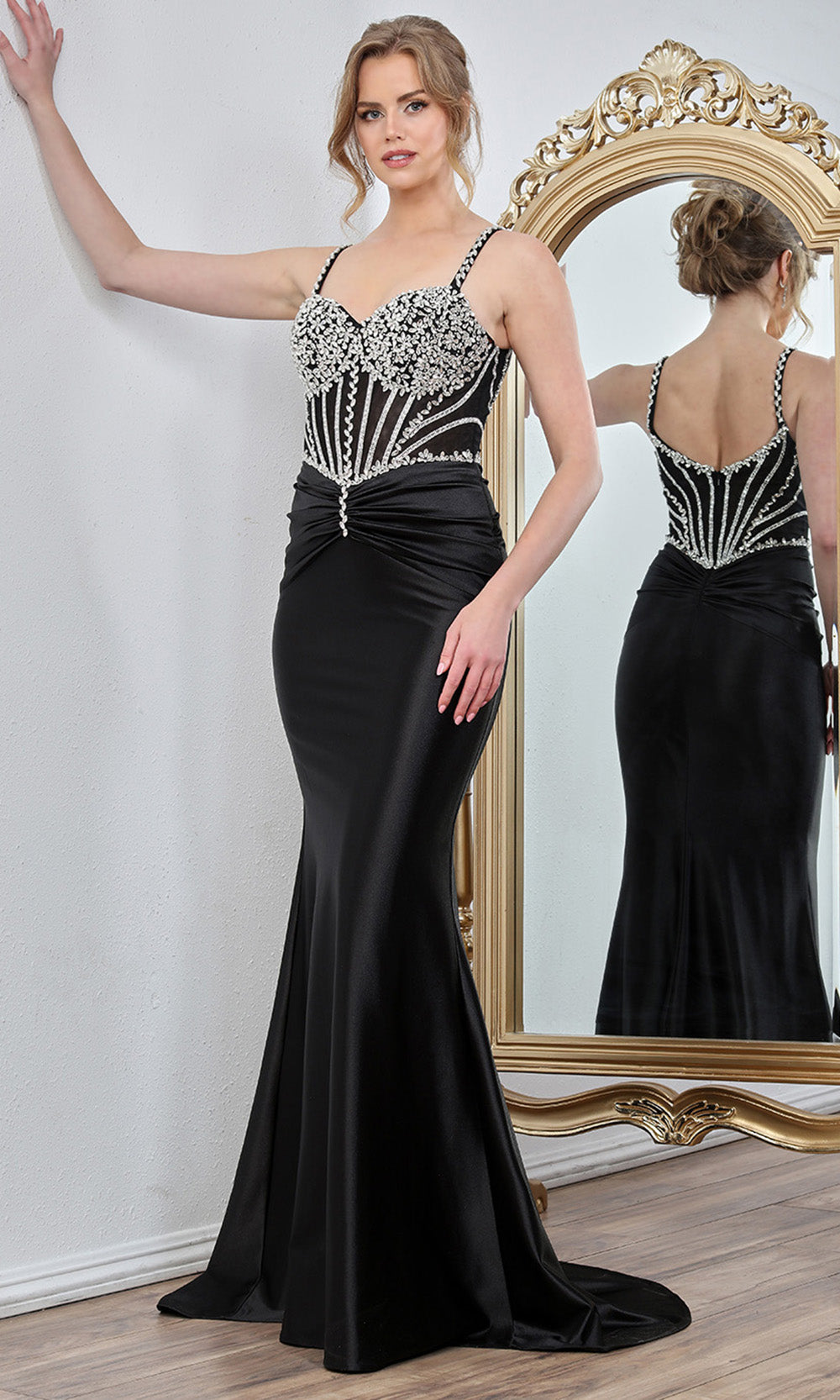 Adora Design 3294 - Ruched Waist Crystal Ornate Prom Gown In Black