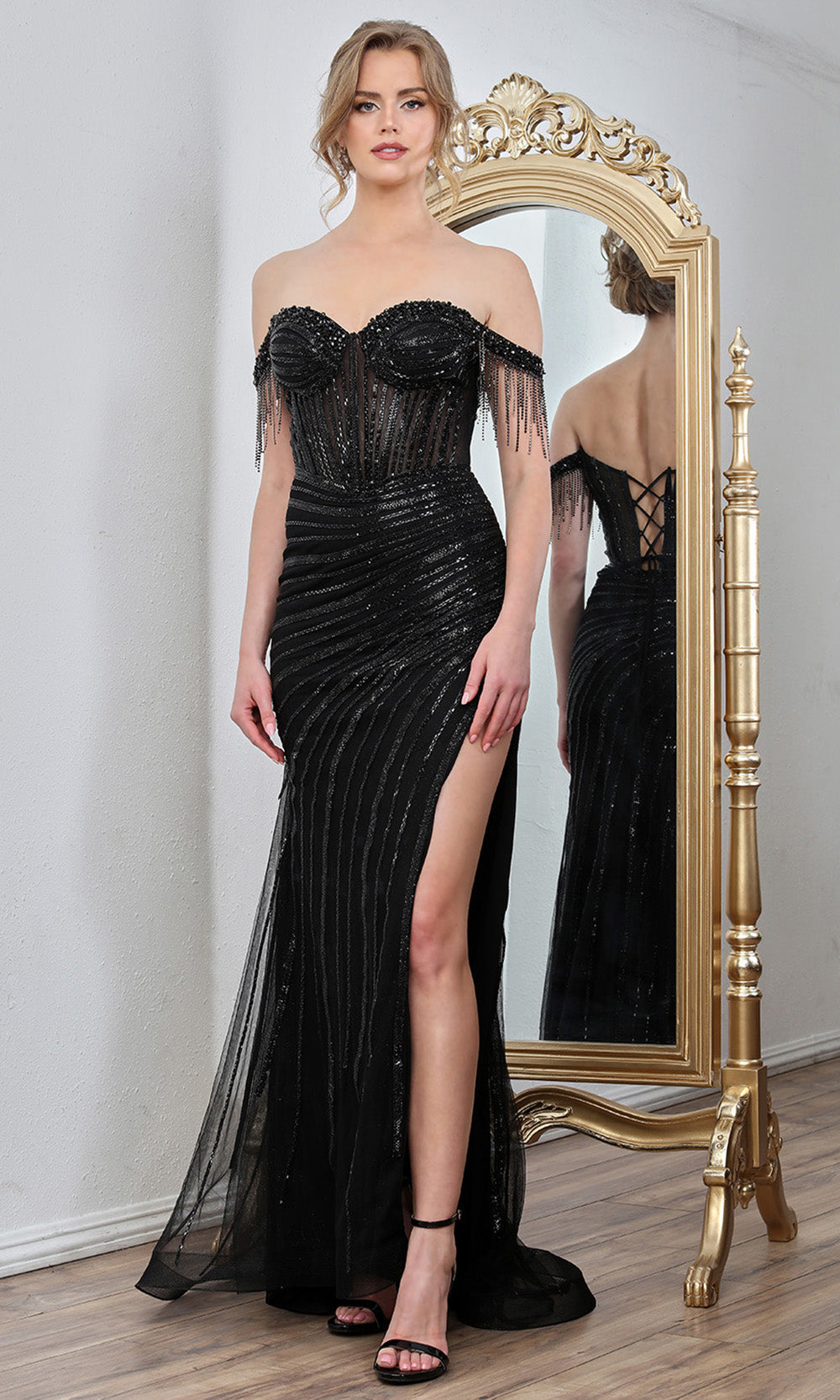 Adora Design 3296 - Fringe Accent Off Shoulder Evening Gown In Black