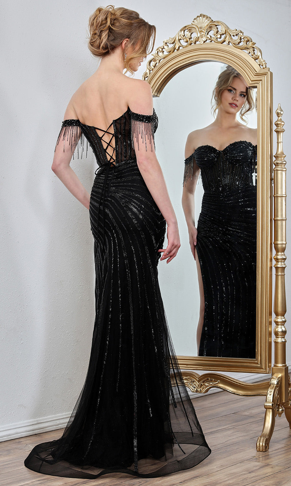 Adora Design 3296 - Fringe Accent Off Shoulder Evening Gown In Black