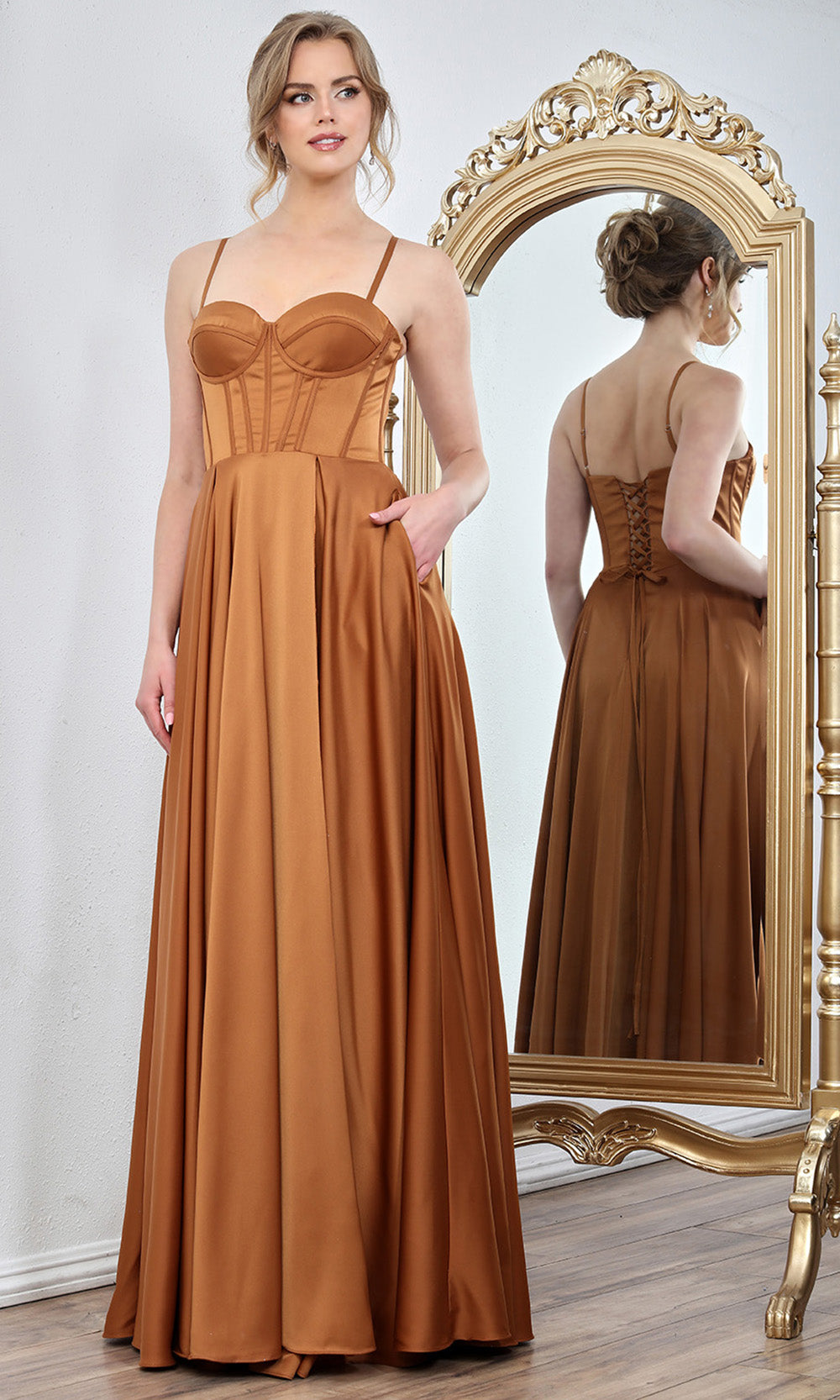 Adora Design 3301 - Spaghetti Strap Corset Long Gown with Pockets Evening Dresses in Brown  