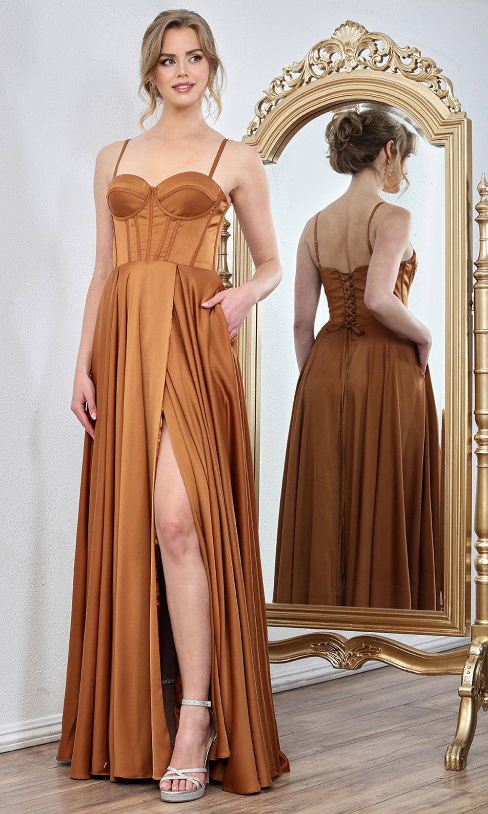 Adora Design 3301 - Spaghetti Strap Corset Long Gown with Pockets Evening Dresses in Brown  