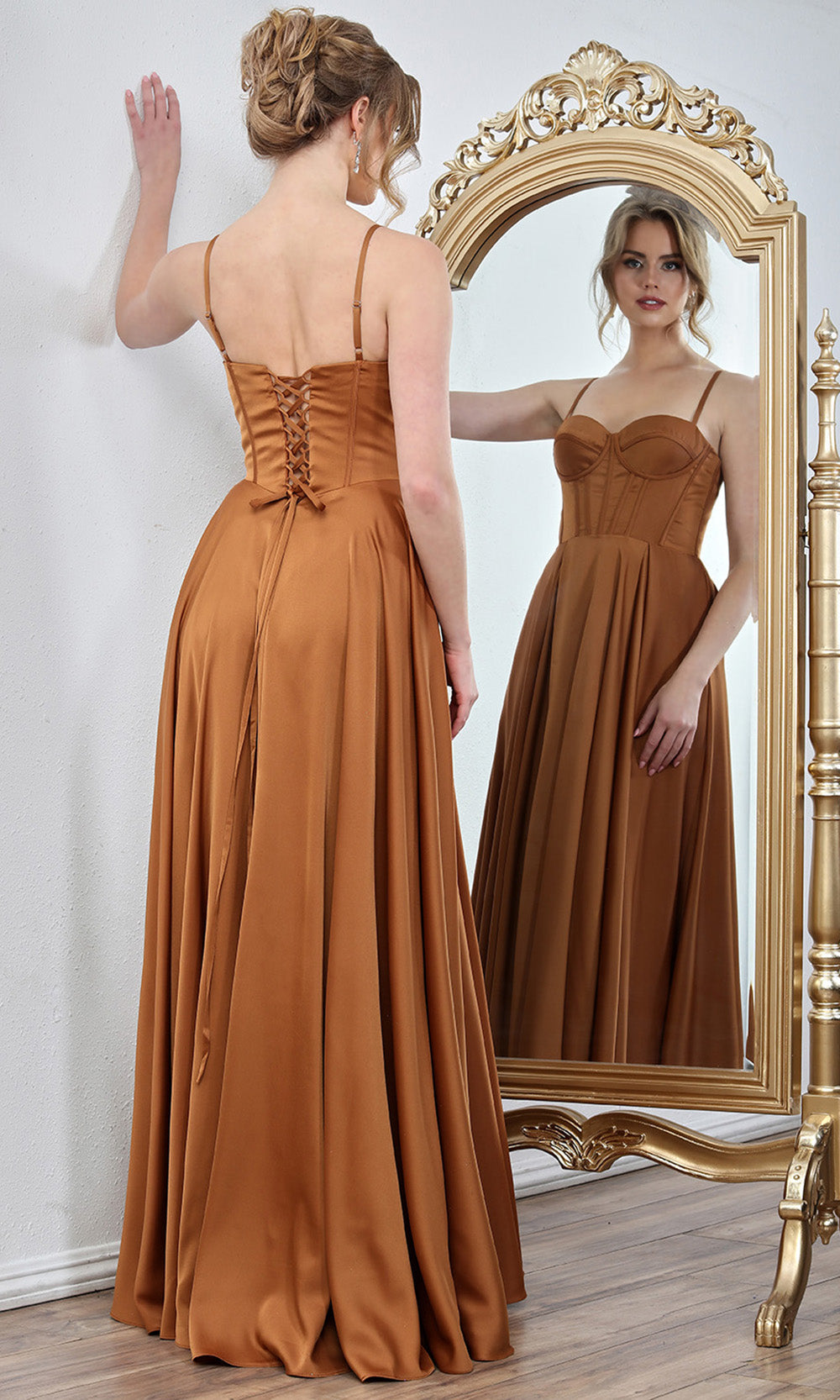 Adora Design 3301 - Spaghetti Strap Corset Long Gown with Pockets Evening Dresses in Brown  