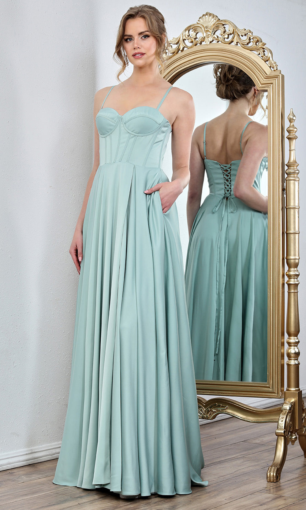 Adora Design 3301 - Spaghetti Strap Corset Long Gown with Pockets Evening Dresses in Green  