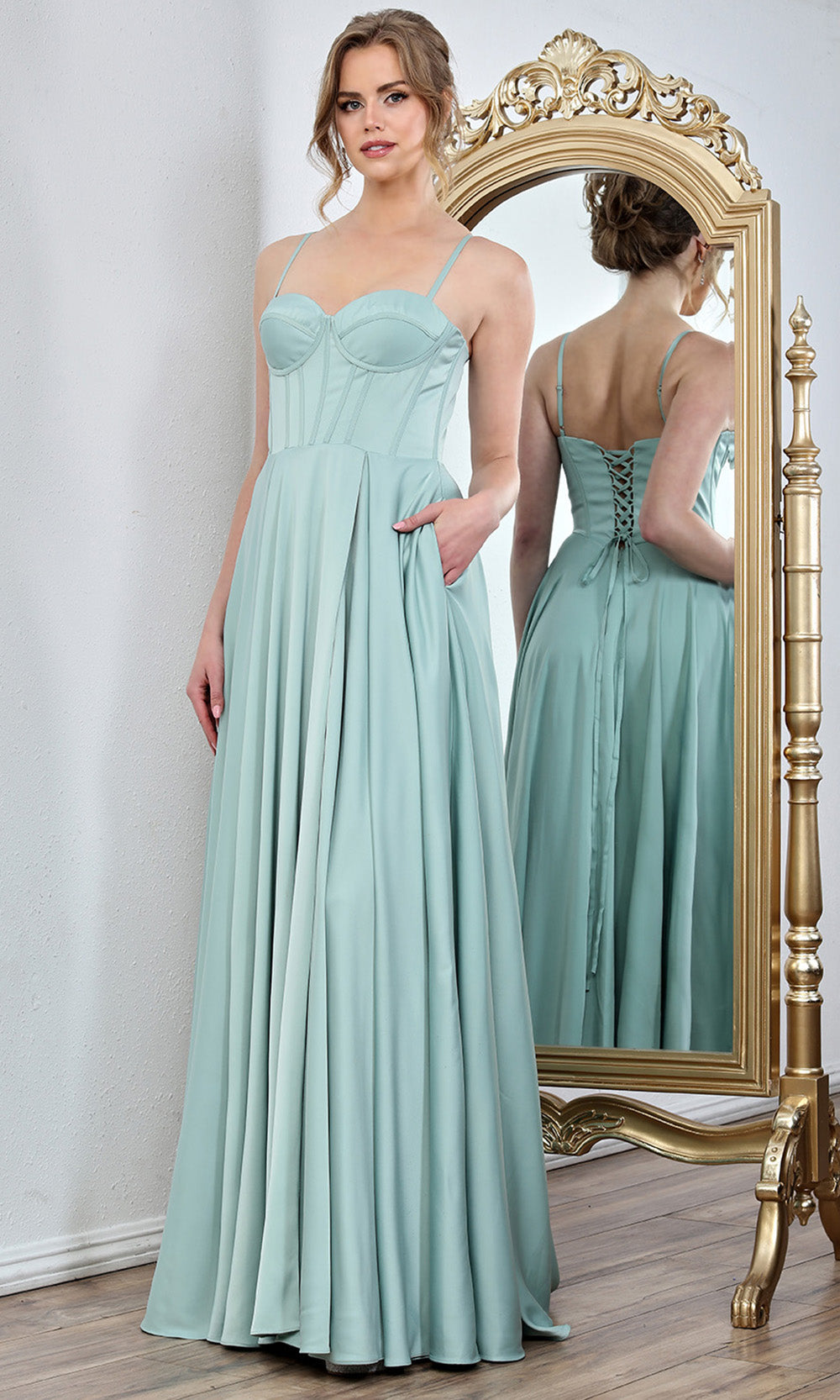 Adora Design 3301 - Spaghetti Strap Corset Long Gown with Pockets Evening Dresses in Green  