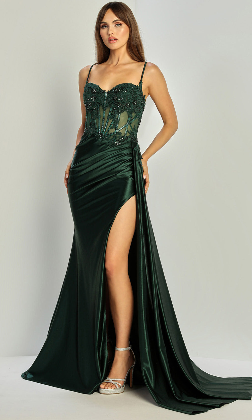 Adora Design 3302 - Sleeveless Embroidered Corset Gown with Slit Prom Dresses in Green  