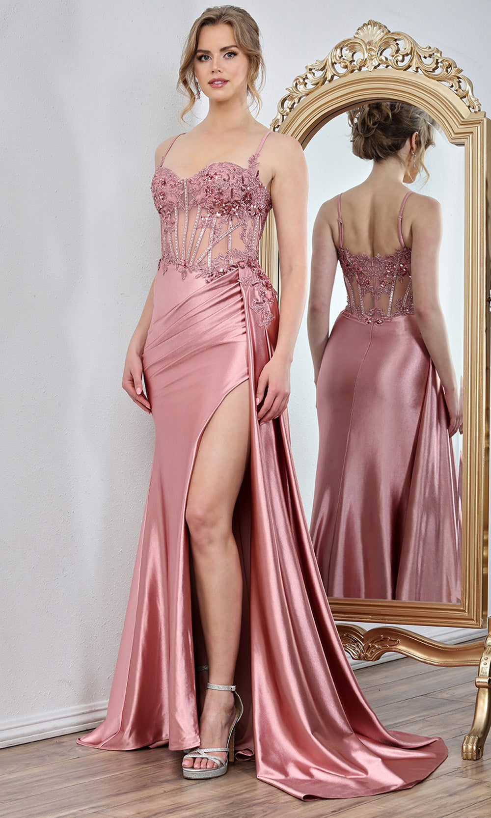 Adora Design 3302 - Sleeveless Embroidered Corset Gown with Slit Prom Dresses in Pink  