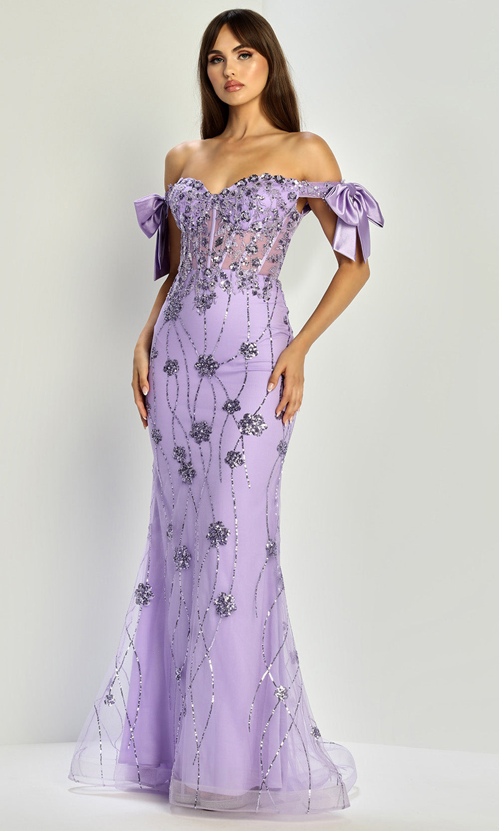 Adora Design 3307 - Off Shoulder Bow Sleeve Sparkling Gown In Purple