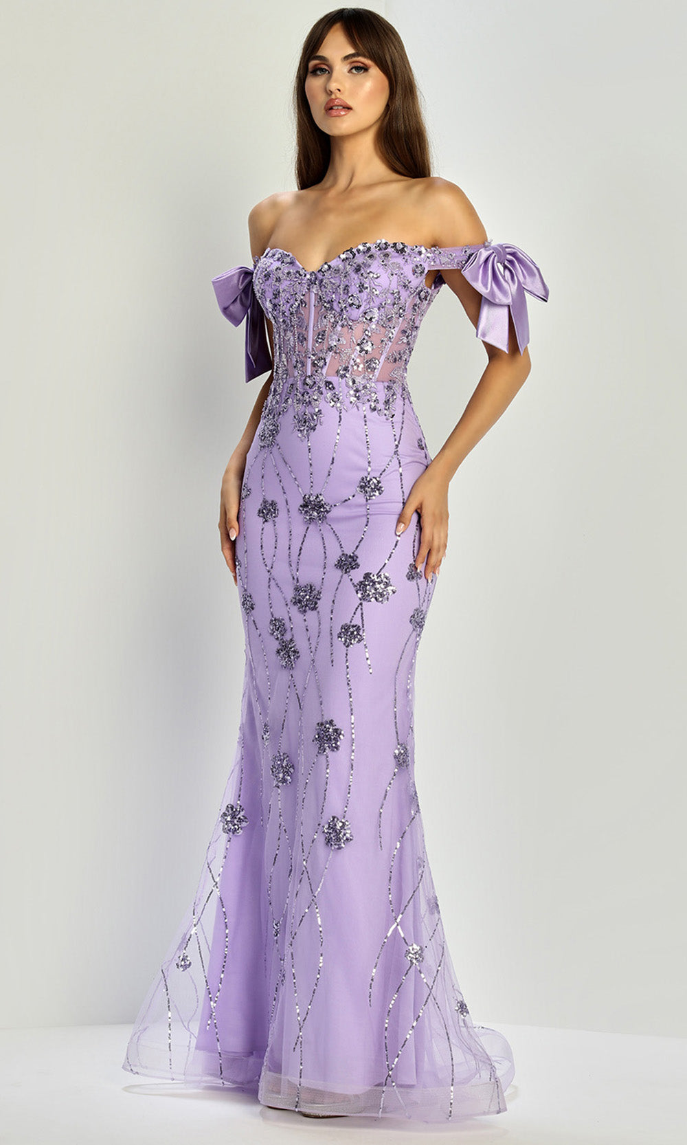Adora Design 3307 - Off Shoulder Bow Sleeve Sparkling Gown In Purple