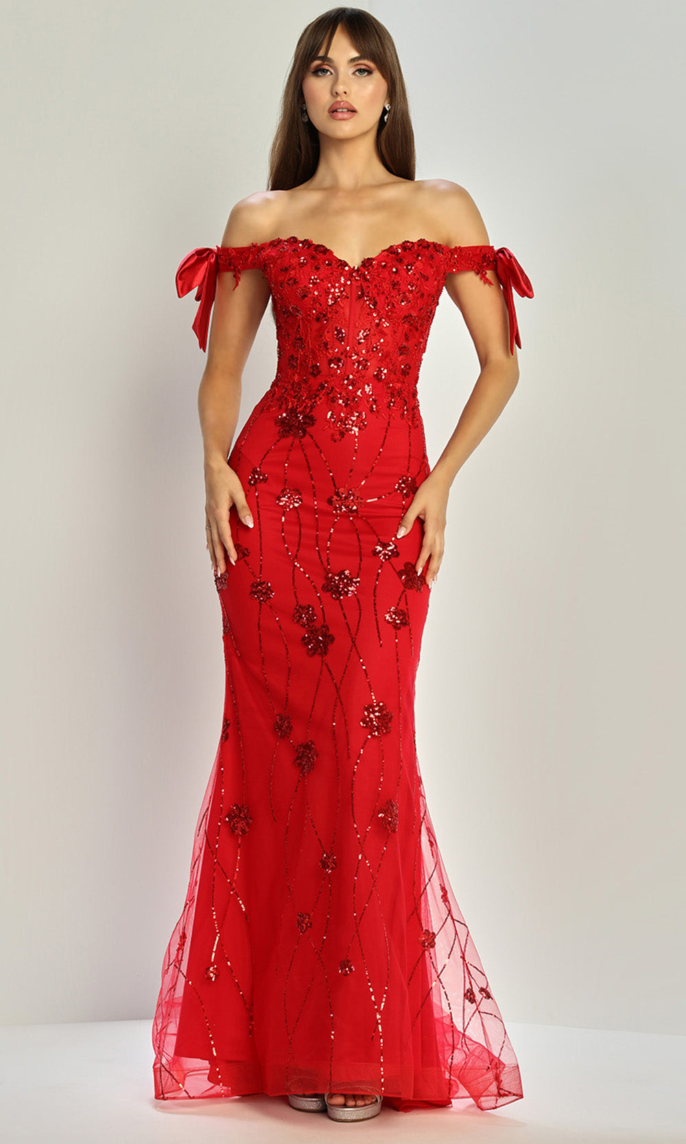 Adora Design 3307 - Off Shoulder Bow Sleeve Sparkling Gown In Red