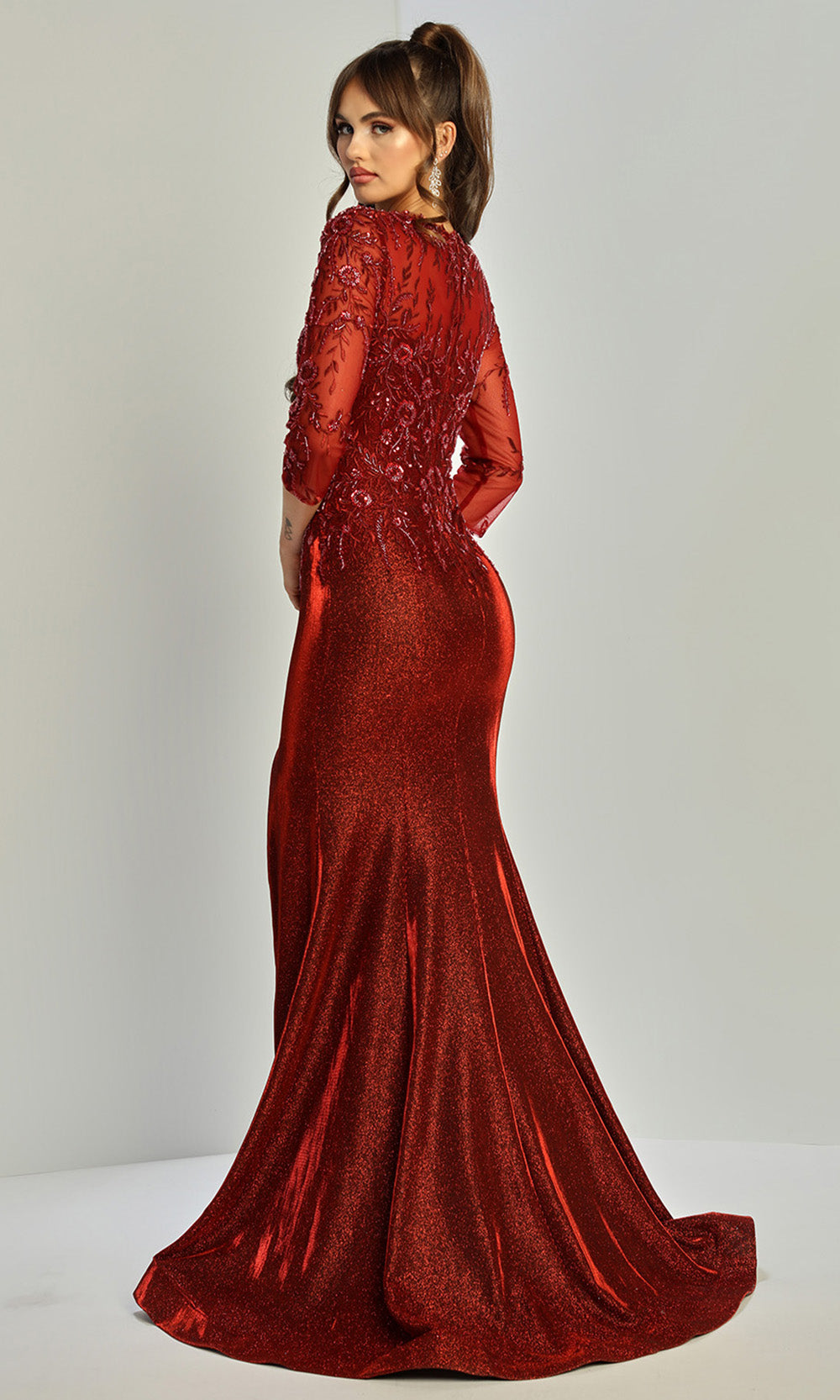Adora Design 3315-03 - Bateau Neckline Beaded Applique Fitted Gown Formal Gowns in Red  