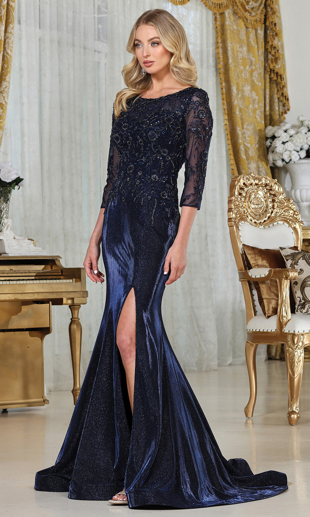Adora Design 3315-03 - Bateau Neckline Beaded Applique Fitted Gown Formal Gowns in Blue  